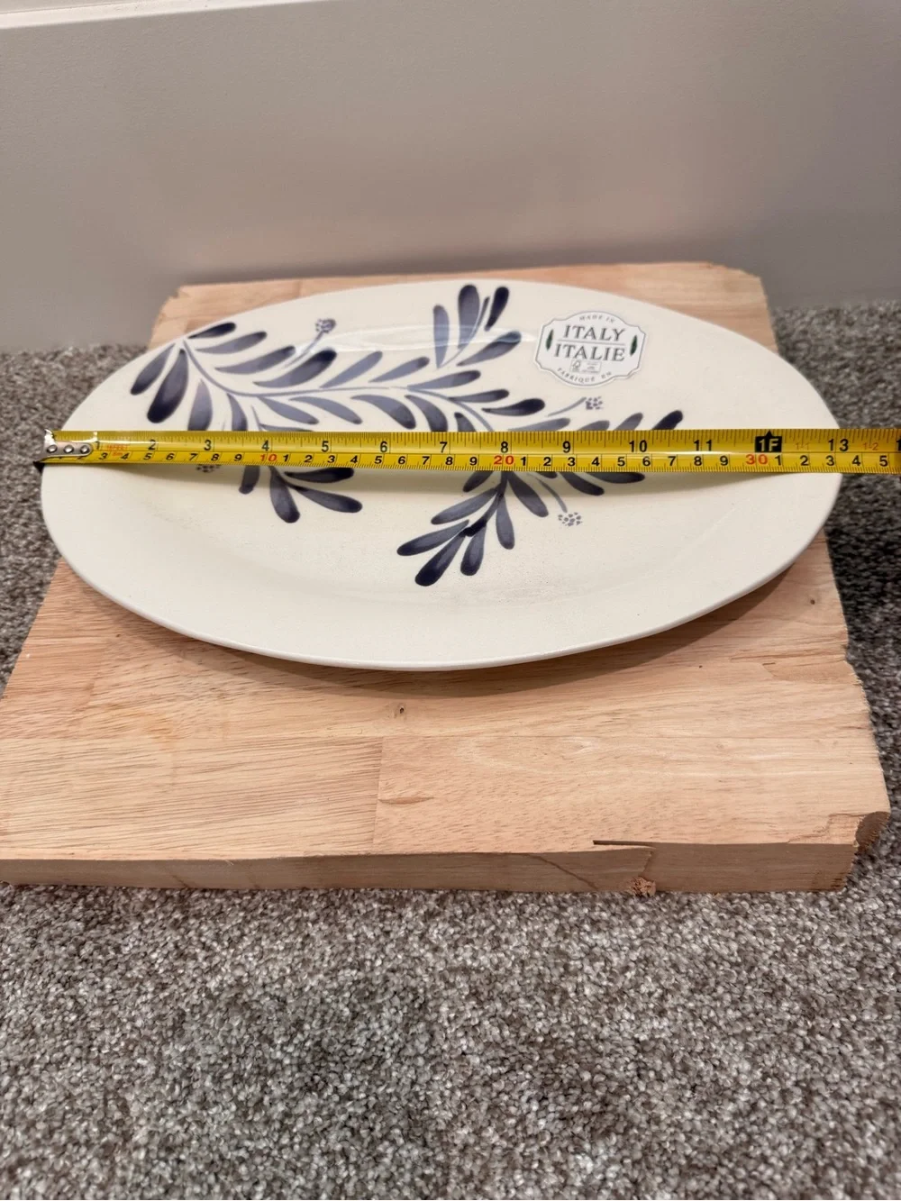 Italian Ceramic Serving Platter with Navy Leaf Motif by